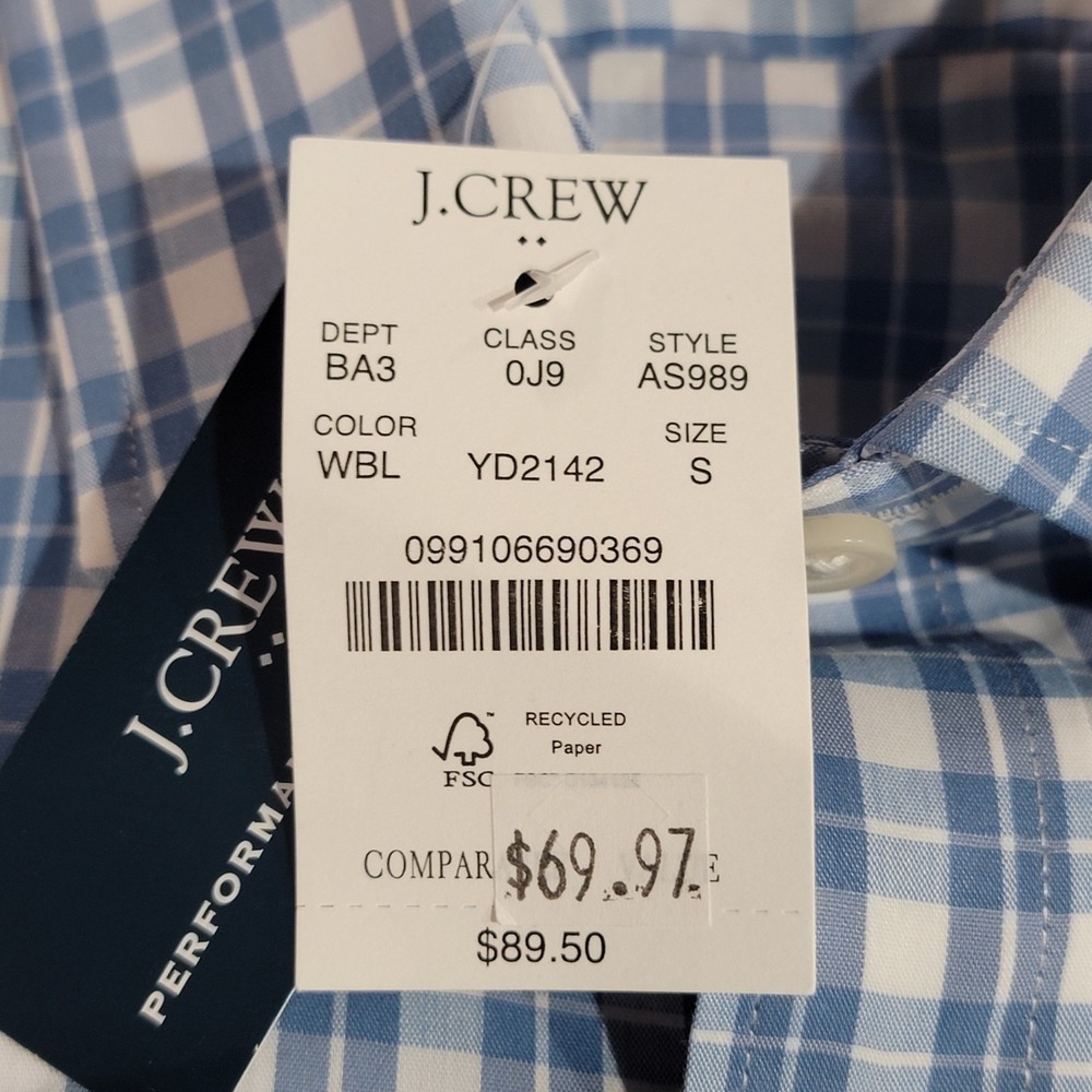 J Crew Shirt Men Small Blue Plaid Slim Fit Performance Cotton Blend Casual NWT - Picture 4 of 10